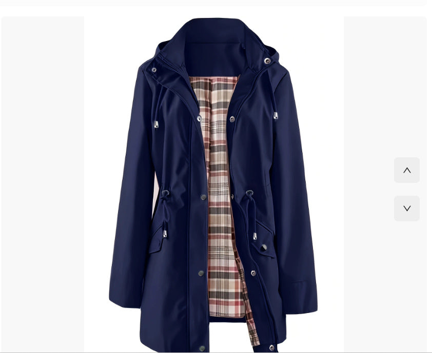 Women’s waterproof windbreaker jacket – navy blue, plaid lining, hooded | 3KDyn